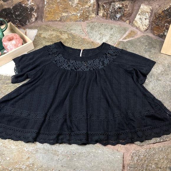 Free People Lace Panel Babydoll Peasant Top Black - Picture 2 of 8